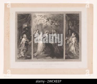 Maria appare su Saint Ildefonsus van Toledo, William Unger, dopo Peter Paul Rubens, 1847 - 1889 tipografo: Germanyafter pittura di: Brussels paper. L'incisione della Vergine Maria appare a St. Ildefonso e gli dà un saluto. Moglie e vedova del Langravio di Turingia, e Terziario francescano, Elisabetta d'Ungheria; possibili attributi: Mendicante, storpio, pesce, pani, lebbroso, modello di chiesa, caraffa, rose in giro, testa scottata, tre corone. cupidi: 'amores', 'amoretti', 'putti' Foto Stock