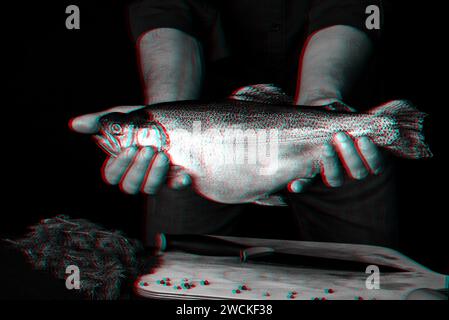 trota nelle mani di un uomo sullo sfondo della cucina e un tavolo con gli ingredienti per cucinare. Grande pesce fresco con lo chef. Fotografia monocromatica wi Foto Stock