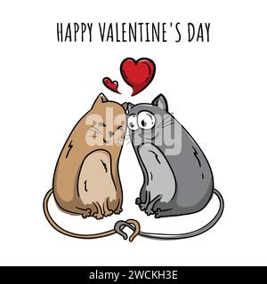 Cartolina luminosa disegnata a mano di due gatti innamorati di cuore e testo buon San Valentino Illustrazione Vettoriale