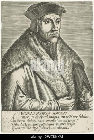 Portret van Thomas More, anonimo, dopo Philips Galle, dopo Hans Holbein (II), 1572 - 1662 stampa Ritratto di Thomas More, l'umanista inglese e segretario di Stato. Busto a destra. La stampa ha una didascalia latina su carta di Anversa Foto Stock