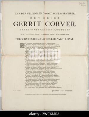 Aan den wel-edelen groot achtbaren heer, den heere Gerrit Corver, heere van Velsen en van de Santpoort. Op de verkiezing van zyn wel-edelen groot achtbaare tot het burgermeesterschap der stad Amsterdam - Foto Stock