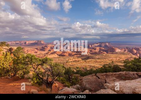 Vista mattutina dei monumenti del Monument Navajo Valley Tribal Park in Arizona. Vista dalla Mesa di Hunt. Foto Stock