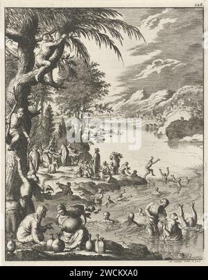 Pellegrini balneari nel Jordaan, Jan Luyken, 1681 stampa in alto a destra numerata: 326. Pellegrini di incisione su carta di Amsterdam. river Jordan Foto Stock