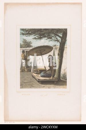 Cambiavalute giavanese, Auguste van Pers, Auguste van Pers, stampa 1853 - 1862 c'è un cambio di valuta giavanese sotto un ombrellone su una piattaforma di legno. A sinistra c'è un uomo con cestini e bastoncini a una porta in un muro. cambiavalute di carta Foto Stock