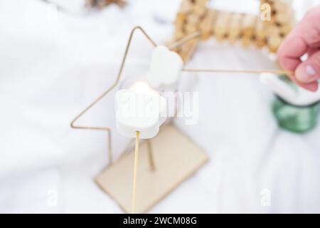 L'immagine mostra due spiedini di marshmallow bianchi su scorte detenute da una persona in un ambiente innevato all'aperto Foto Stock