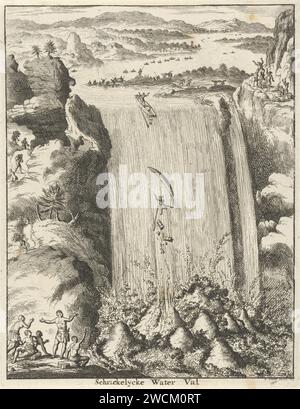 Vista di una grande cascata in cui sono trascinate due canoe, Jan Luyken, cascata di carta di Amsterdam stampata nel 1681. canottaggio. persona annegata Foto Stock