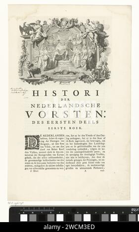 Allegoria sull'unificazione delle case reali olandesi, Bernard Picart, 1732 stampa donne stringono lo stemma di varie case reali olandesi ad una. Un angelo li riceve e li lega insieme. Incisione/incisione/stampa tipografica Amsterdam cuscinetto araldico. riconciliazione Foto Stock