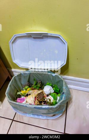 Cestino da cucina aperto con rifiuti organici su pavimento piastrellato contro una parete dipinta di giallo Foto Stock