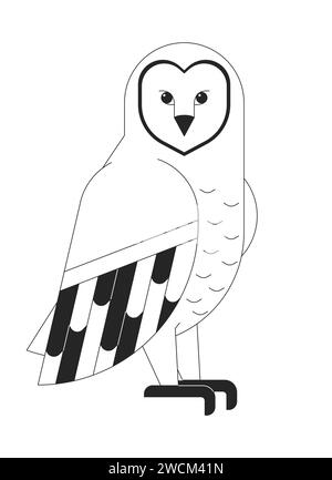 Gufo selvatico nel personaggio invernale dei cartoni animati in 2D in bianco e nero Illustrazione Vettoriale