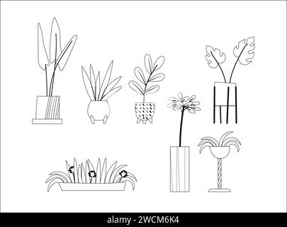 Set di piante in vaso per icone o adesivi. Illustrazione in stile piatto di fiori di casa linea art. Illustrazione Vettoriale
