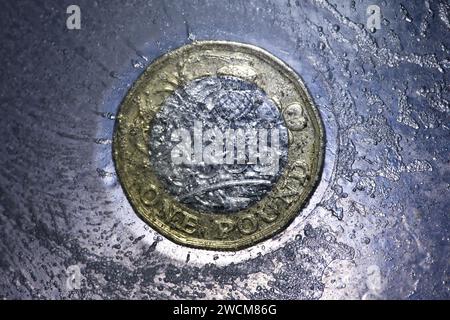 Una moneta da 1 £ congelata nel ghiaccio Foto Stock