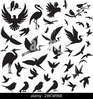 Set di sagome uccellini isolate su sfondo bianco. Illustrazione vettoriale. Illustrazione Vettoriale