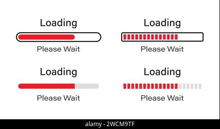 Punto della barra di caricamento con l'icona del contorno impostata in rosso. Caricamento del set di icone in attesa in quattro stili diversi. Caricamento simboli 70% attendere. Illustrazione Vettoriale