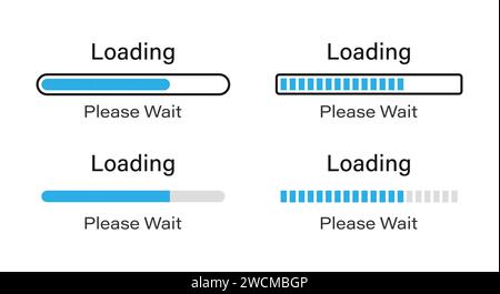 Punto della barra di caricamento con l'icona del contorno impostata in blu. Caricamento del set di icone in attesa in quattro stili diversi. Caricamento simboli 70% attendere. Illustrazione Vettoriale