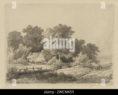 Azienda su una strada di campagna, Remigius Adrianus Haanen, c. 1849 stampa tre figure e un cane su una strada di campagna vicino a una fattoria tra gli alberi. Paesaggi di incisione della carta austriaca (+ paesaggio con cifre, personale) Foto Stock