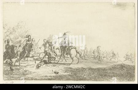 Scena del campo di battaglia, Gerardus Emaus de Micault, 1813 - 1863 stampa Cavalry Fight. Un soldato con pugnalato sulla testa, spara dal suo cavallo su un avversario, mentre i cavalieri arrivano in giro. C'è un uomo caduto per terra. Carta dei Paesi Bassi. battaglia incisiva (+ cavalleria, cavalieri) Foto Stock