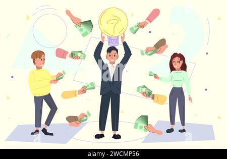 Illustrazione di idee creative. Persone, soldi, donazioni, lampadine. Progettazione grafica vettoriale modificabile. Illustrazione Vettoriale