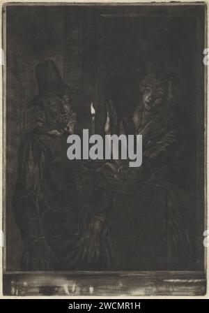 Jan Claasz o De Wandende Maatsvaag: La dichiarazione d'amore di Reinier Adriaansz, Abraham Delfos, dopo Cornelis Troost, 1760 - 1770 stampa Night Face. Reinier Adriaansz spiega Saartje Jansz de Liefde. Sta sulla porta con una candela. La stampa raffigura una scena della commedia "Jan Claasz o la cameriera piangente". La notte dei giornali di Leiden. proposta, dichiarazione d'amore. candela. commedia Foto Stock