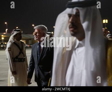 Doha, Qatar. 16 gennaio 2024. Il presidente ceco Petr Pavel è arrivato dopo una visita di due giorni in Israele in Qatar, Doha, il 16 gennaio 2024. Crediti: Michaela Rihova/CTK Photo/Alamy Live News Foto Stock