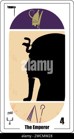 Carta dei tarocchi egiziani numero quattro, chiamata Imperatore. Profilo silhouette Tutankhamun. Illustrazione Vettoriale
