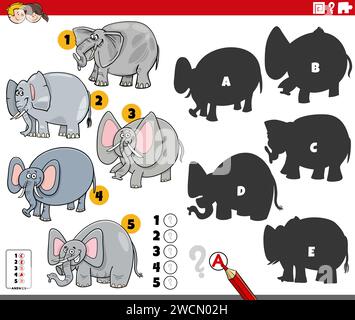Illustrazione di cartoni animati che mostra come trovare le ombre giuste per il gioco educativo con personaggi di elefanti animali Illustrazione Vettoriale