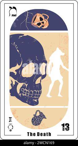 Carta egiziana tarocchi numero tredici chiamata morte. Cranio blu e silhouette del dio Anubis. Illustrazione Vettoriale