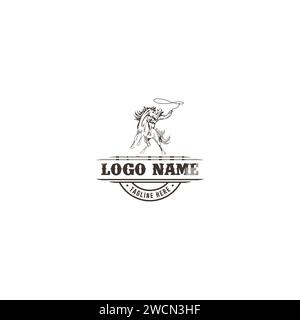 Modello vintage con logo monocromatico per cowboy da rodeo texano a cavallo Illustrazione Vettoriale