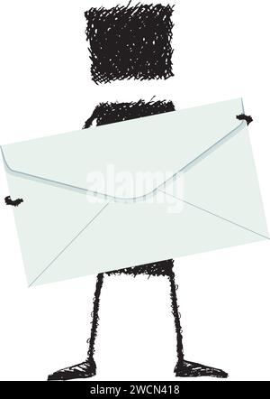 Illustrazione di una figura del bastone in piedi, che tiene una busta grande. Un simbolo di comunicazione, e-mail, ... Illustrazione Vettoriale