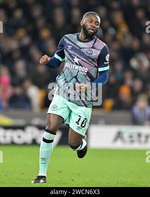 Wolverhampton, Regno Unito. 16 gennaio 2024. Josh Dasilva di Brentford, durante la partita di replay del terzo turno della Emirates fa Cup Wolverhampton Wanderers vs Brentford a Molineux, Wolverhampton, Regno Unito, 16 gennaio 2024 (foto di Cody Froggatt/News Images) credito: News Images Ltd/Alamy Live News Foto Stock