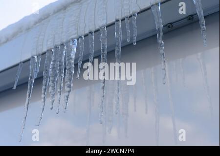 Ghiaccioli appesi da una canalina del tetto contro un cielo limpido con neve sul bordo e riflessi su una gonna lucida. Foto Stock