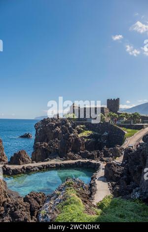 The small fortress Forte Sao Joao Baptista on the coast of Porto Moniz, Madeira, Portugal Stock Photo