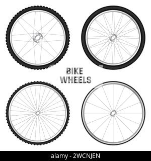 Ruote 3d realistiche per biciclette. Pneumatici in gomma, razze e cerchi in metallo lucido. Cyclette, escursioni, sport, Road e mountain bike. Vettore Illustrazione Vettoriale