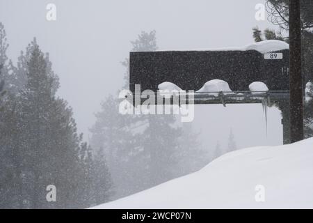 Segnaletica stradale digitale vuota con grande deriva di neve in primo piano e neve che cade dal cielo. Foto Stock