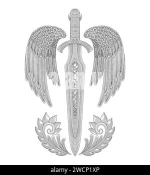 antica spada con ornamenti e ali, incisione vintage illustrazione in stile disegno Illustrazione Vettoriale