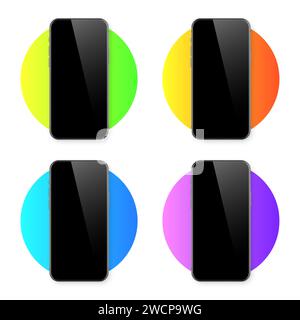 Smartphone realistico con touch screen vuoto su sfondo colorato. Telefono cellulare senza telaio nella vista frontale. Mockup dettagliato di alta qualità del dispositivo. Vettore Illustrazione Vettoriale