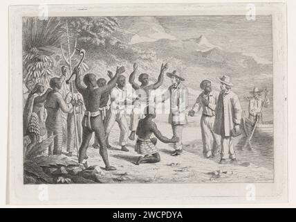 Missionari, David van der Kellen (1827-1895), 1837 - 1885 stampa Un gruppo di africani accoglie due missionari sulla spiaggia. A destra c'è un uomo su una barca a remi e le piante sono raffigurate nel gruppo africano, compreso un albero di banano. Sullo sfondo si possono vedere i contorni di colline e montagne. Acquaforte in carta africana. diffondere il vangelo; lavoro missionario. canottaggio, canoa, ecc. Foto Stock