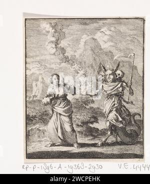 Personificata Soul Meet sin, Jan Luyken, 1714 stampa l'anima personalizzata incontra la personificazione del peccato che le dà un fuoco ardente con una falce in mano. Carta di Amsterdam per incidere l'anima. Deputy, Evil, sin; 'sin' (Ripa) Foto Stock