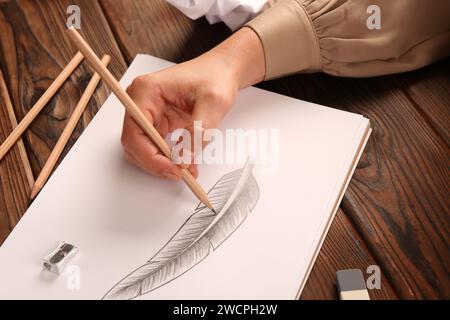 Donna che disegna piume con matita di grafite in un quaderno di bozzetti su un tavolo di legno, vista dall'alto Foto Stock