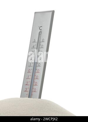 Termometro meteorologico in sabbia su sfondo bianco Foto Stock
