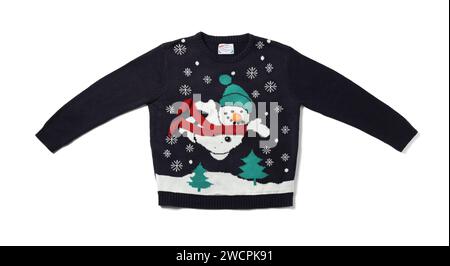 Maglione natalizio con pupazzo di neve isolato su bianco, vista dall'alto Foto Stock