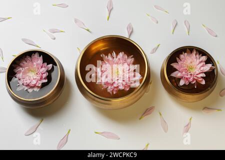 Ciotole tibetane con acqua e splendidi fiori di crisantemo su sfondo bianco, vista dall'alto Foto Stock