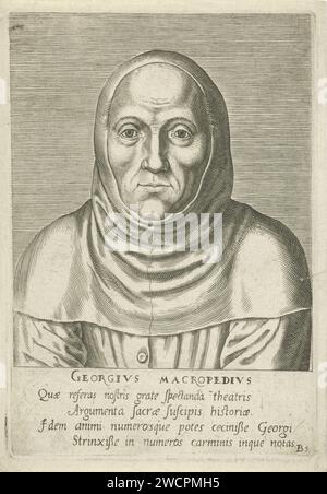 Portret van George Macropedius Philips Galle, 1572 stampa Ritratto di Georgius Macropedius, studioso olandese e umanista. Numero B5. La stampa ha una didascalia latina e fa parte di una serie di famosi studiosi europei di Anversa incisione su carta Foto Stock