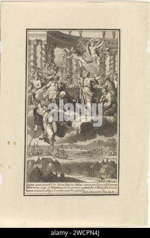 Gods Meet About the Trojan War, Bernard Picart (laboratorio o), dopo Bernard Picart, stampa del 1710 Giove invita tutti gli dei a incontrarsi sulla guerra di Troia. Minerva ha il permesso di combattere dalla parte dei Troiani. A margine una didascalia in francese. La carta di Amsterdam incide la battaglia e si rivolge contro i greci (Iliade XI-XV). assemblee degli dei in aria, forse sulle nuvole Foto Stock