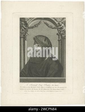 Ritratto di un pittore sconosciuto, Louis E.F. Garreau, dopo Hubert e Jan van Eyck, dopo Ambrosius Holbein, 1791 stampa Ritratto di un pittore sconosciuto del XV secolo. Busto a sinistra. L'uomo ha una grande barba nera. Sullo sfondo un arco trionfale con due putti. Secondo l'impronta di un dipinto di Jan e Hubert van Eyck. Questa attribuzione è improbabile. Parte di una serie di stampe per pittori fiamminghi, tedeschi e olandesi. Ritratto di incisione/incisione su carta parigina, autoritratto del pittore. cupidi: 'amores', 'amoretti', 'putti'. arco trionfale Foto Stock