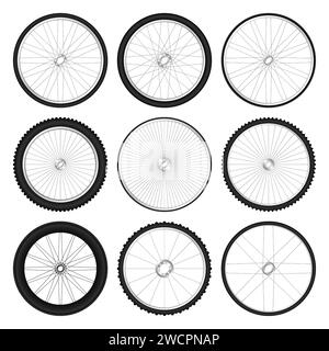 Ruote 3d realistiche per biciclette. Pneumatici in gomma, razze e cerchi in metallo lucido. Cyclette, escursioni, sport, Road e mountain bike. Vettore Illustrazione Vettoriale