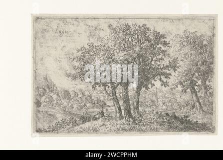 Paesaggio con tre alberi, Johan de Lagoor, 1635 - 1660 stampa paesaggio con un gruppo di tre alberi in primo piano. carta che incide i paesaggi nella zona temperata Foto Stock