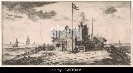 Posthuis con un postino su Uitkijk, Joost van Geel, in o dopo il 1666 stampa Un posttico sulle rive di un fiume. All'ultimo piano c'è un postino alla vista delle navi. Sbircia fuori dalla finestra con un binocolo. La stampa ha una didascalia olandese con una spiegazione. Rotterdam cartiera/incisione mare. servizio postale. binocoli, vetro spia, ecc. ufficio postale. navi (in generale) Foto Stock