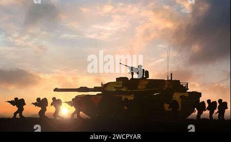 Operazione militare con supporto carri armati sul campo di battaglia al tramonto Foto Stock