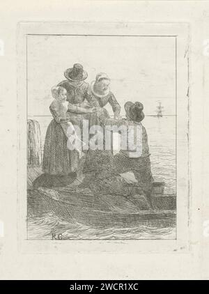 Shifting, Reinier Craeyvanger, 1822 - 1880 stampa Uno skipper aiuta una famiglia di padre, madre e figlia sulla barca a remi. Amsterdam paper etching famiglia gruppo, soprattutto i genitori con il loro bambino (Ren). canottaggio, canoa, ecc. seaman Foto Stock