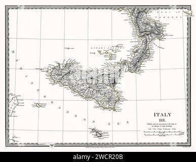 Sicilia Italia Mappa 1844. Si tratta di una riproduzione migliorata digitalmente e restaurata di una mappa antica splendidamente dettagliata della Sicilia e della Calabria che mostra molti dettagli geografici la mappa è stata pubblicata nel 1844. Questa è una di una serie di mappe pubblicate dalla Society for the Diffusion of Useful Knowledge, un'organizzazione britannica. Foto Stock